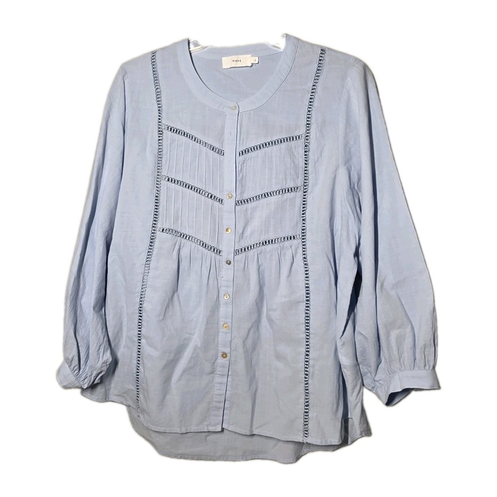 MAYE Paloma Shirt Blouse Size Large Light Blue Button Front Lightweight Boho